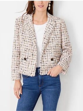 Ann Taylor Cream Bouclé Tweed Cropped Blazer with Multicolor Flecks
